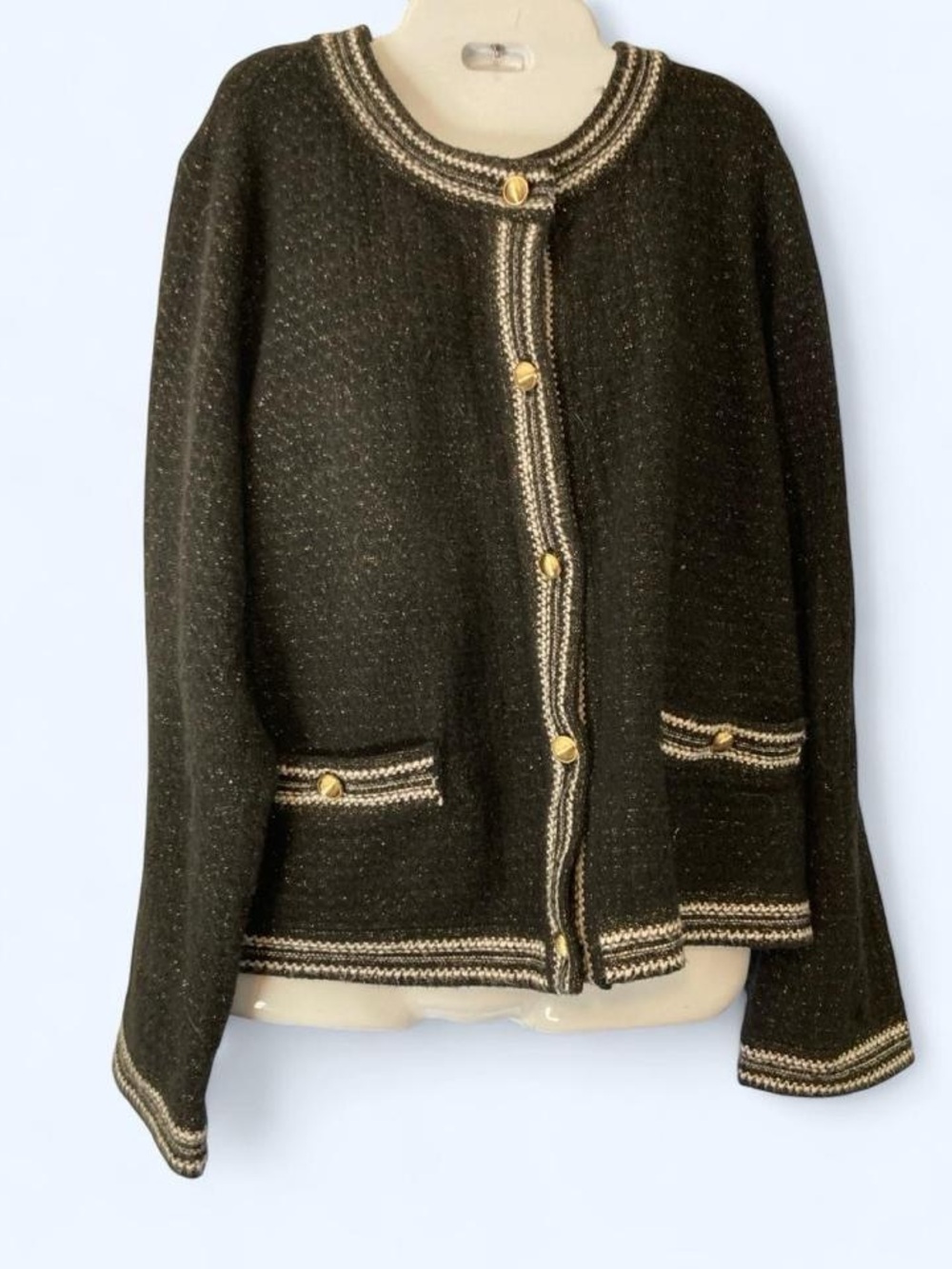 Liz Claiborne black cardigan with white trim and gold buttons, size XXL #preppy